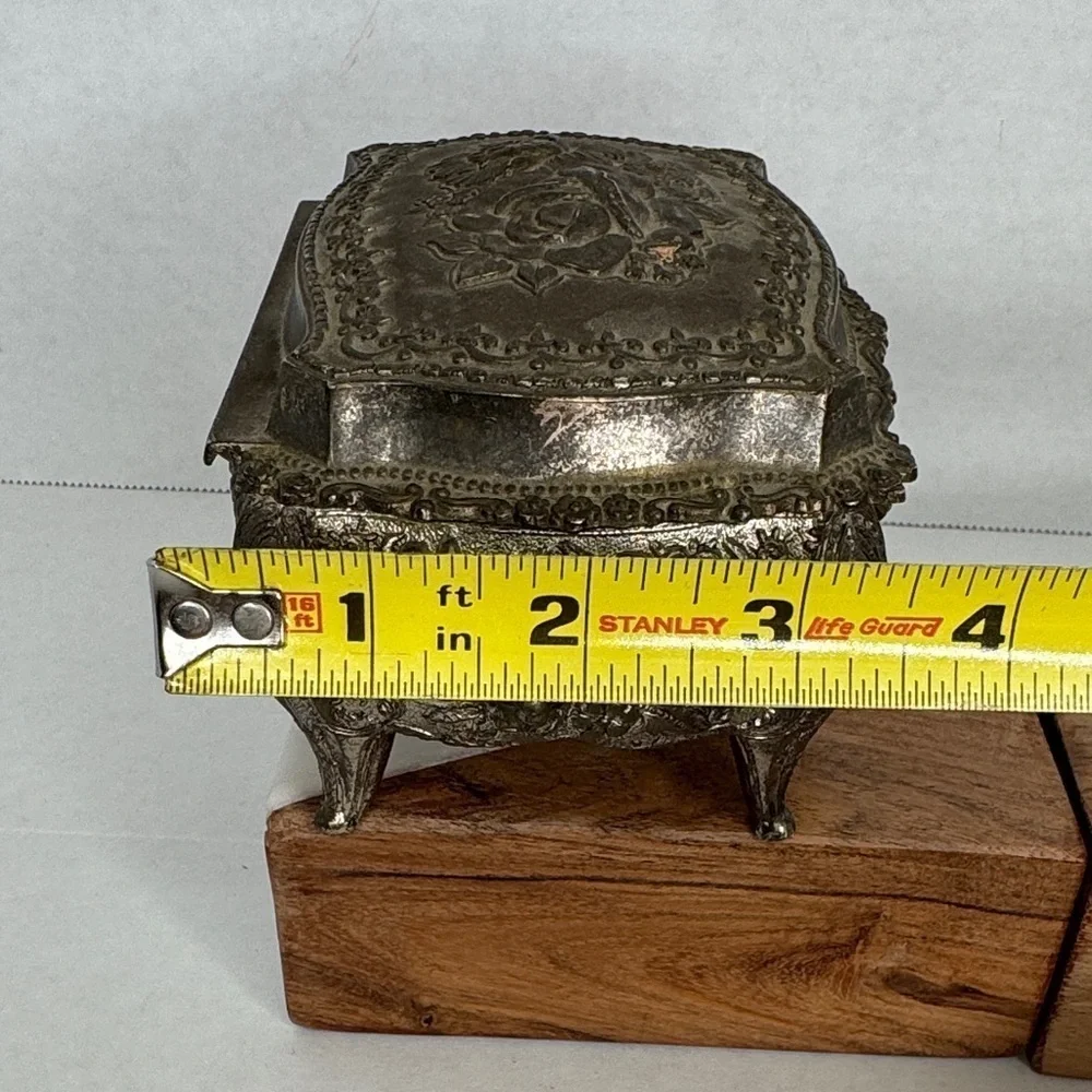 Vintage Ornate Rococo Silver Jewelry Casket with Red Lining